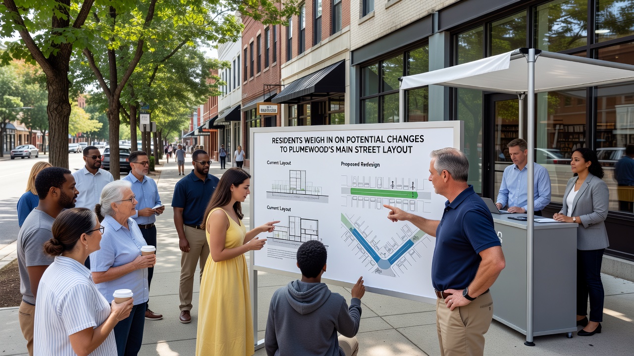 Residents gathered at a community meeting discussing maps and diagrams of proposed Main Street changes in Plumewood